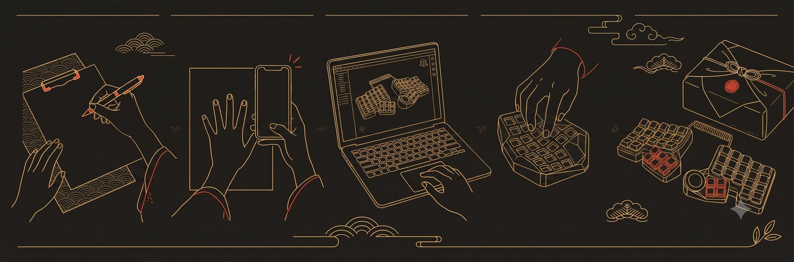オーダーメイドキーボードの注文の流れの図解: 申し込み、採寸シートの撮影、3D設計案の確認、仮縫いプレートの試着、完成品のお届け